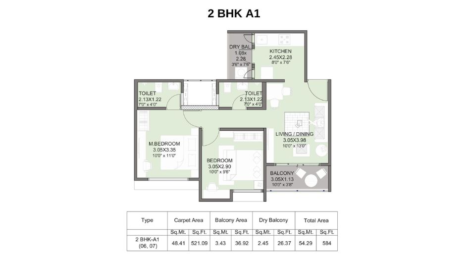 Kohinoor-Abhimaan-Floor-Plan-2-BHK-A1-584-Sqft