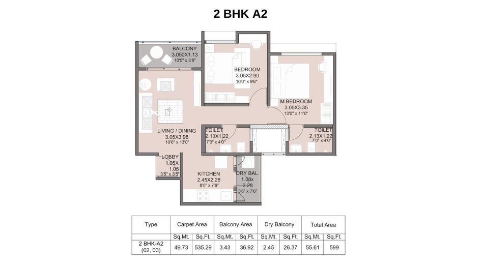 Kohinoor-Abhimaan-Floor-Plan-2-BHK-A2-599-Sqft