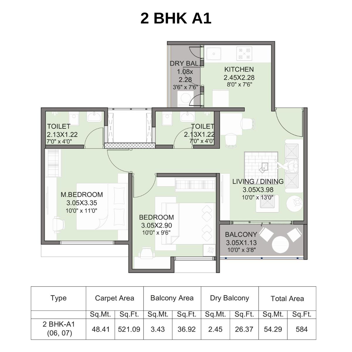 Kohinoor-Abhimaan-Floor-Plan-2-BHK-A1-584-Sqft