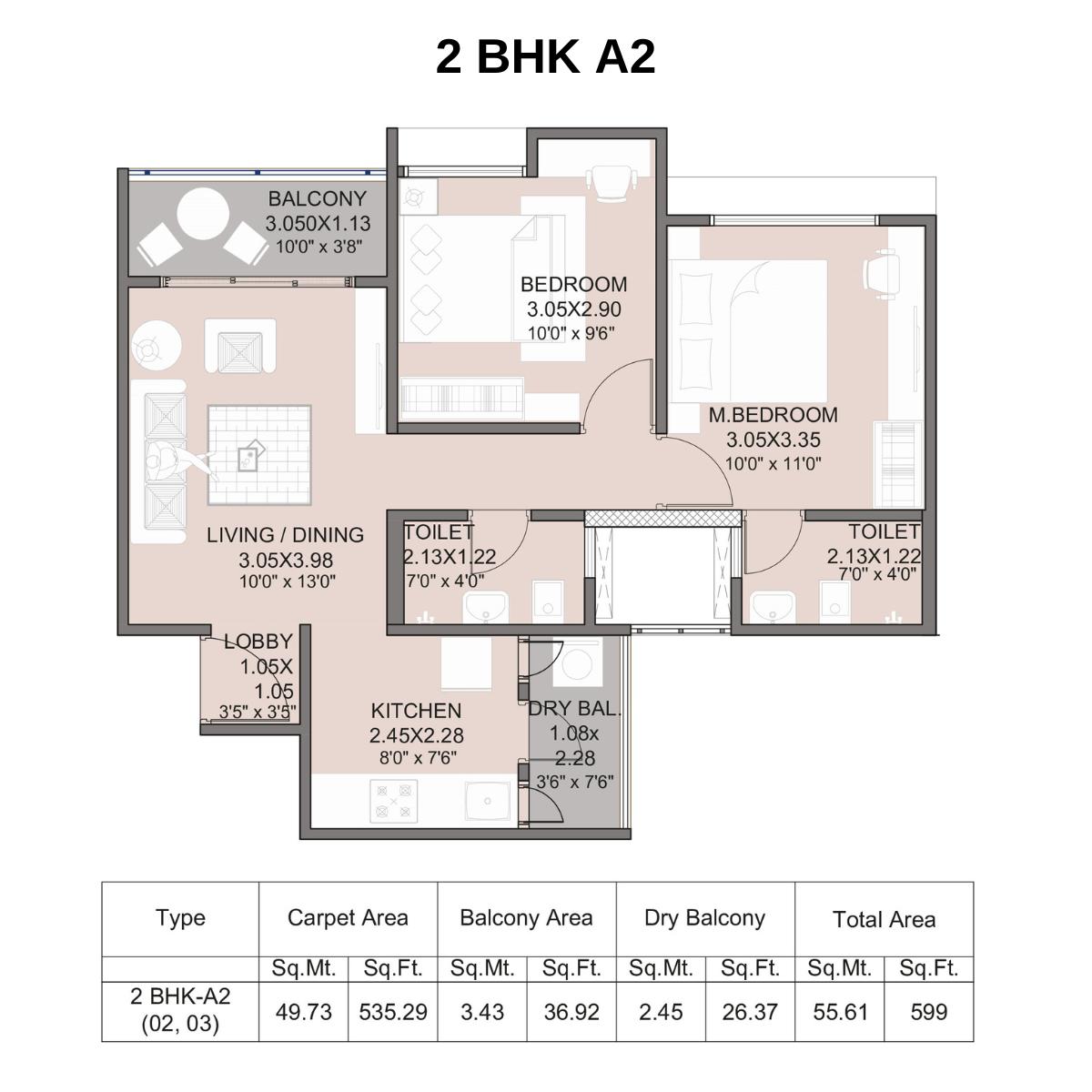 Kohinoor-Abhimaan-Floor-Plan-2-BHK-A2-599-Sqft